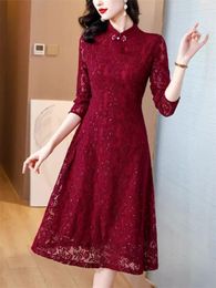 Casual Dresses Chinese Style Improved Cheongsam For Women Autumn And Winter 2024 Elegant Lace Dress Mom Clothing Wedding Banquet Outfit