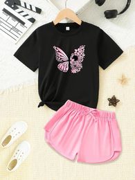 Clothing Sets 2 Piece Summer Set For Girls Printed Casual Short Sleeve Shorts Polyester Comfortable And Soft Clothes