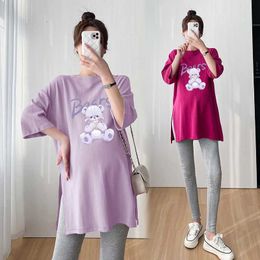 Pregnant Women's Summer New Loose Round Neck Split Mid length T-shirt Fashion Short Sleeve Set