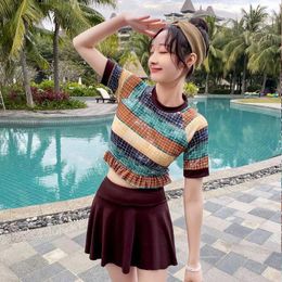 Women's Swimwear Vintage Ladies Korea Summer Cute Girl High Waist Swimsuit Plaid Short Sleeve Top Split Skirt Bathing Suit Women Bikini