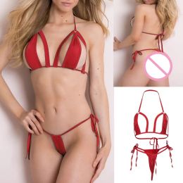 Sexy Heart Shape Lingerie Porno See-through Bikini Bra G-String Set Women Hollow Lace-up Underwear Sex Outfits Exotic Apparel