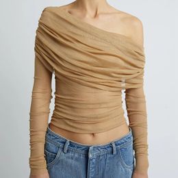 Gaono Multi-wear Mesh Sheer Crop Tops Korean Elegant Off the Shoulder T-shirt Chic Women Long Sleeves Slim Fit Cover-Ups Tees 240524