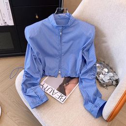 Women's Blouses Design Sense Niche Drawstring Blue Camisole Long Sleeved Shirt For Women Spring Korean Shoulder Pad Striped Jacket Top