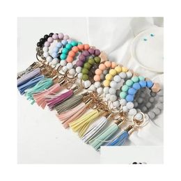 Keychains Lanyards Wooden Tassel Bead String Bracelet Keychain Food Grade Sile Beads Bracelets Women Girl Key Ring Wrist Strap More Th Otem3