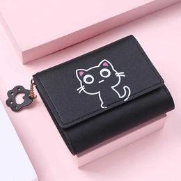 Purse Womens Cute Cat Wallet Womens Mini Short PU Leather Wallet Womens Card Clip Money Bag Buckle Creative Fashion Wallet Girl Gift Y240524