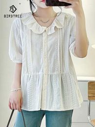 Women's Blouses Spring Cotton Solid Shirt Women Lace Collar Short Sleeve Literature Top Girl Loose Casual Sweet 2024 Autumn T44804QC
