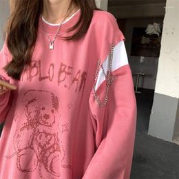 Women's T Shirts Harajuku Print Loose Oversized T-shirt Spring Autumn Long Sleeve Contrast Patchwork Hoodies Casual Fashion Women Clothing