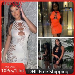 Casual Dresses 10pcs Bulk Items Wholesale Sexy Evening Dress Hollow Out Solid Colour For Women 2024 Fashion Club Party Y2k B12007