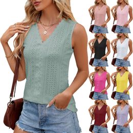 Summer Spring New Solid Color V Neck Lace Panel Loose Sleeveless Tank Top For Women