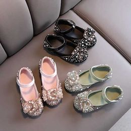 Sandals Girls Birthday Princess Sequins Shoes Childrens Leather Pearl Rhinestones Shining Shoes Baby Kids Shoes For Party and Wedding T240524