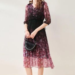 Casual Dresses EVNISI Women Elegant Floral Printing Chiffon Dress V-neck Lantern Sleeve Office Chic Purple Fairy Vestido Summer