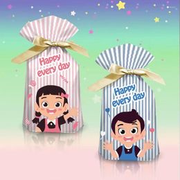 Gift Wrap 2024 Colorful Vertical Stripes Cute Cartoon Little Boy Girl Pattern Ribbon Drawstring Bag Baby Shower Dessert Large Bundle Bags