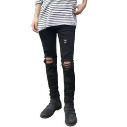 Fog High Street trendy distressed pure black slim fit elastic leg jeans M524 66