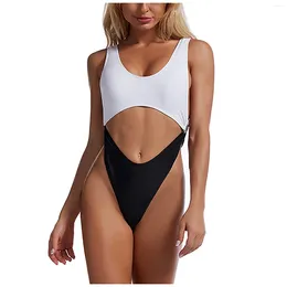 Women's Swimwear Women Color Blocking Sexy Bathing Suits Low Cut Hollow Out High Waist Ring Buckle Backless One Piece Monokini