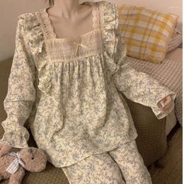 Women's Sleepwear Lace Women Pajama Sets Pants 2 Pieces Square Collar Piiama Korean Floral Full Sleeve Spring Night Wears Home Suit