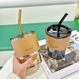 Mugs 420ml/450ml Coffee Glasses Heat Resistant Leather Cover Glass Mug Water Cup Tea Wine Drinkware Tumbler With Lids Straw