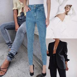 Women's Jeans Women's Double Button High Waist Stretch Slim 2024 Fashion Ladies Versatile Solid Plush Pencil Denim Pants