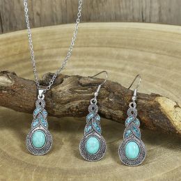Vintage Women's Earrings Necklace Set Turquoise Pendant Earrings Ethnic Vintage Pendant Earhook Pendant Beach Party Jewelry Gift