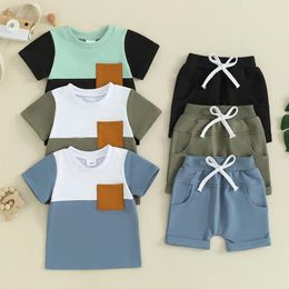 Clothing Sets Summer Kids Infant Baby Boys Patchwork Pocket Short Sleeve T-shirts Tops Drawstring Shorts Pants Casual Outfits