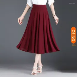 Skirts Women's Skirt 2024 Summer Elastic High Waist Big Swing Vintage Elegant Slim Casual Solid Color Chiffon Pleated 4XL 33105