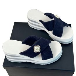 Womens Cross-Tied Sandals Wedge Platform Heels 6cm Slippers With Strass Faux Pearl Slides Ladies Outdoor Beach Shoe Summer Girls Mules Grey Navy blue Leisure Shoe