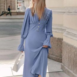 Casual Dresses Elegant Pearl Buttons Chiffon Maxi For Women 2024 Autumn Vintage Fashion V-Neck Lantern Sleeve Lace Long Dress Female