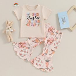 Clothing Sets Baby Girls Easter Outfit Letters Print Short Sleeve T-shirt With Carrot Eggs Flare Pants 2-piece Children