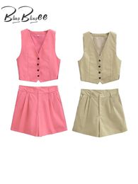 BlingBlingee Summer Faux Linen Women Extreme Shorts Traf Sleeveless V Neck Slim Blazer Vest Femme Crop Top Suits Y2K Sets Pink 240516