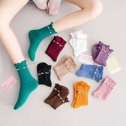 Women Socks Solid Colour Autumn Pearl Ruffle Female Lolita Kawaii Harajuku Cute Sock Woman Cotton Funny Short