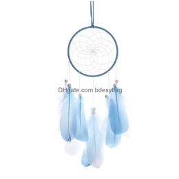 Novelty Items New Double Circle White Feather Dream Catcher With Led Fairy Light Wall Hanging Decoration For Bedroom Tent Ceiling Wedd Dhbxu