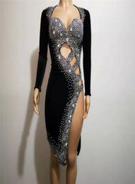 T39 Sexy women black hollow rhinestone dress crystals hip skirt elastic outfit latin dance costume party wears evening clothe dj p3724294