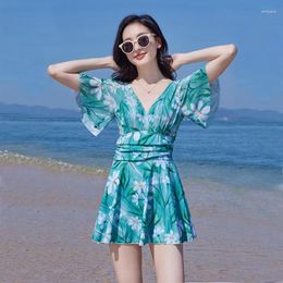 Women's Swimwear V Neckline Women One Piece Swimsuit With Skirt Short Sleeve Swimming Suit Boxer Bottom Beachwear Vocation Clothes