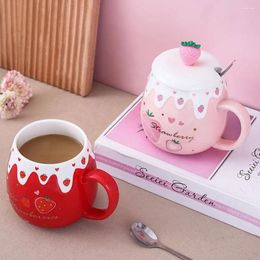 Mugs Breakfast With Lid Spoon Porcelain Cute Strawberry Coffee Mug Milk Oatmeal Cup Large Capacity Drinkware