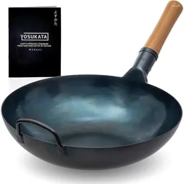 Pans Flat Bottom Wok Pan - 13.5" Blue Carbon Steel Preseasoned Skillet Traditional Japanese Cookware