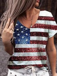 Fashion Womens 3D Print T Shirt USA Flag Harajuku T-shirt Summer Kawaii Tees V Neck Pluse Size Top American Lady Y2k Clothing 240524