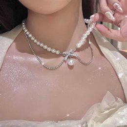 Pendant Necklaces Kpop Irregular Bow Chain Necklace Y2K Zircon Crystal Beads Tassel Necklace Aesthetic Double Chain Necklace Jewelry Gift S2452599 S2452466