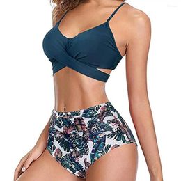 Women's Swimwear Breathable Bikini High Waist Women Floral Leaf Leopard Print Set With Back Straps Sexy Two For