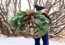 Decorative Flowers Wreaths Rustic Christmas Wreath Rattan Pine Cone Garland Farmhouse Decoration With Bell Front Door Decor Hangin6335107