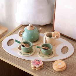 Tea Party Tableware Wooden Handiccraft Toy Kitchen Pretend Play Set for Toddlers Kids Birthday Gift Favors Toys 240524