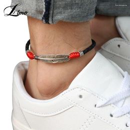 Anklets Vintage Leather Feather Anklet Men's Women Alloy Pendant Accessories Hand Made Red Black Soft Rope Bracelet Couple Gifts Jewelry