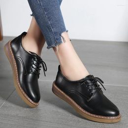 Casual Shoes Oxford For Women Flat Leather Round Toe Heel Business Korean Black Lace Up Moccasins Sneaker