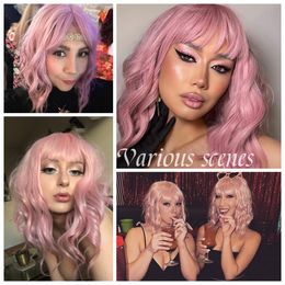 Pink Synthetic Wig for women Short Wavy Wigs With Bangs Daily Colorful Bob Hair Shoulder Length Cosplay Wig Heat Resistant Fiber