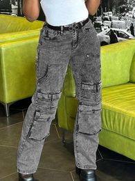 Women's Jeans Sifreyr Grey Multi Pockets Baggy Woman High Waist Straight Denim Trouser Female Bottom Vintage Streetwear Y2K Grunge Pants