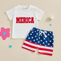 Clothing Sets 4th Of July Baby Outfits Toddler Boy Girl USA American Embroidery Shirt Star Stripe Shorts Memorial Day Clothes Dhbiw