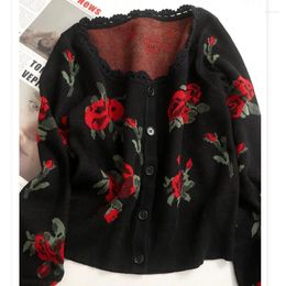 Women's Knits Sexy Square Collar Rose Slim Fit Black Knit Sweater Cardigans Coat Women Fashion Vintage Designer Brand 2024 Spring