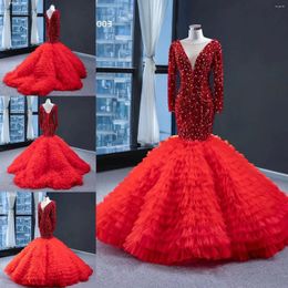 Party Dresses Red Sparkly Mermaid Prom 2024 Sheer O-neck Illusion Long Sleeve Full Beaded Crystal Clound Ruffles Skirt Evening Gown