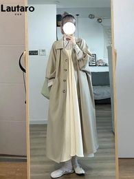 Women's Trench Coats Lautaro Spring Autumn Oversized Long Flowy Khaki Coat For Women Single Breasted Loose Casual Korean Fashion Clothing