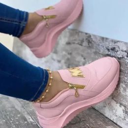 Women Sport Shoes Thick Bottom Solid Ladies Vulcanized Sneakers Casual Wedges Slip On Zipper Shoes Women Platform Sneakers 2022