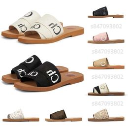 designer Woodya sandals for women Mules flat slides Light tan beige white black pink lace Lettering Fabric canvas slippers womens summer outdoor shoes