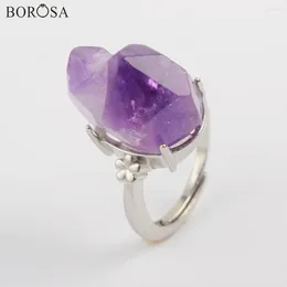 Cluster Rings BOROSA 10Pcs Silver Color Natural Amethysts Faceted Open Ring Mixed Different Bezel Claw Purple Crystal Quartz ZG0432